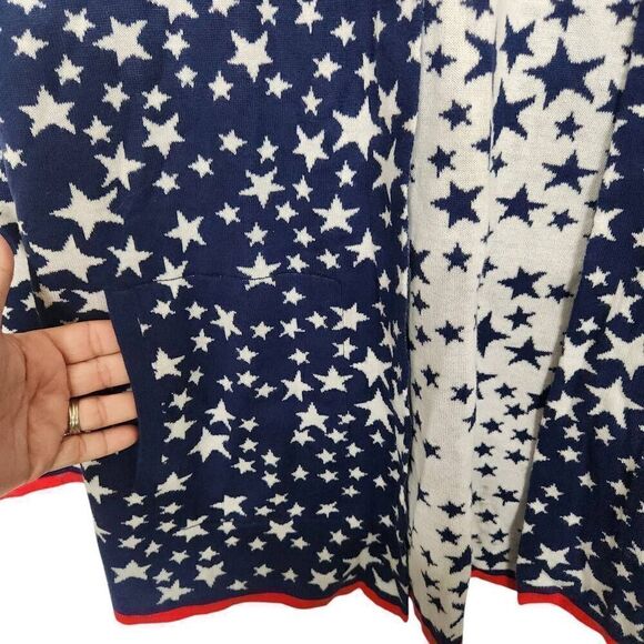 Lands' End Women's Cotton Open Long Cardigan Sweater blue stars medium - Picture 3 of 6